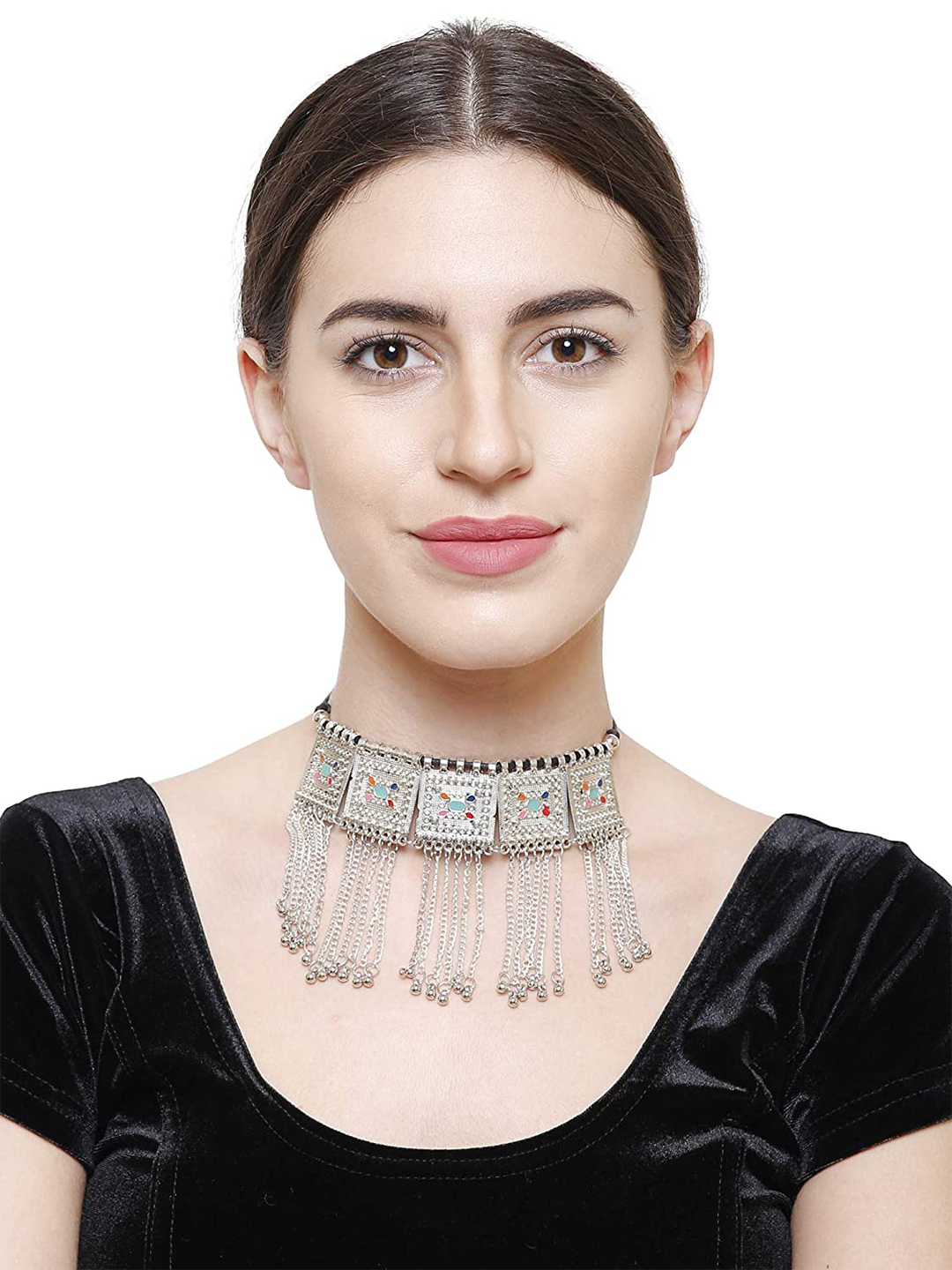 YouBella Jewellery Oxidised Silver-Plated Floral Stone-Studded Afghani Necklace