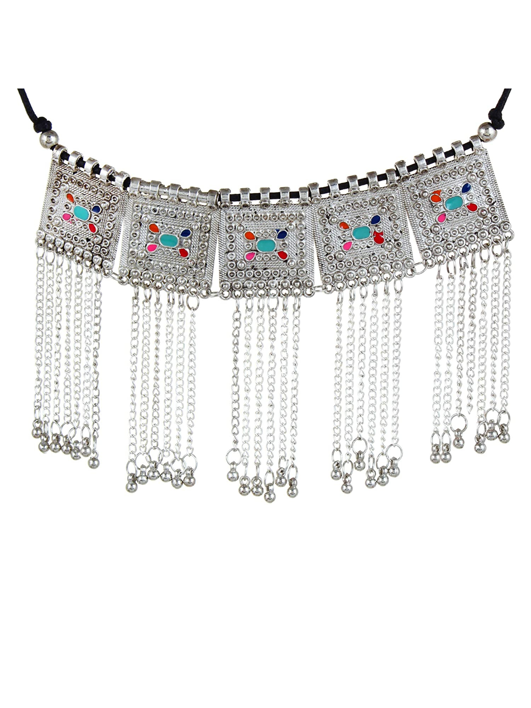 YouBella Jewellery Oxidised Silver-Plated Floral Stone-Studded Afghani Necklace