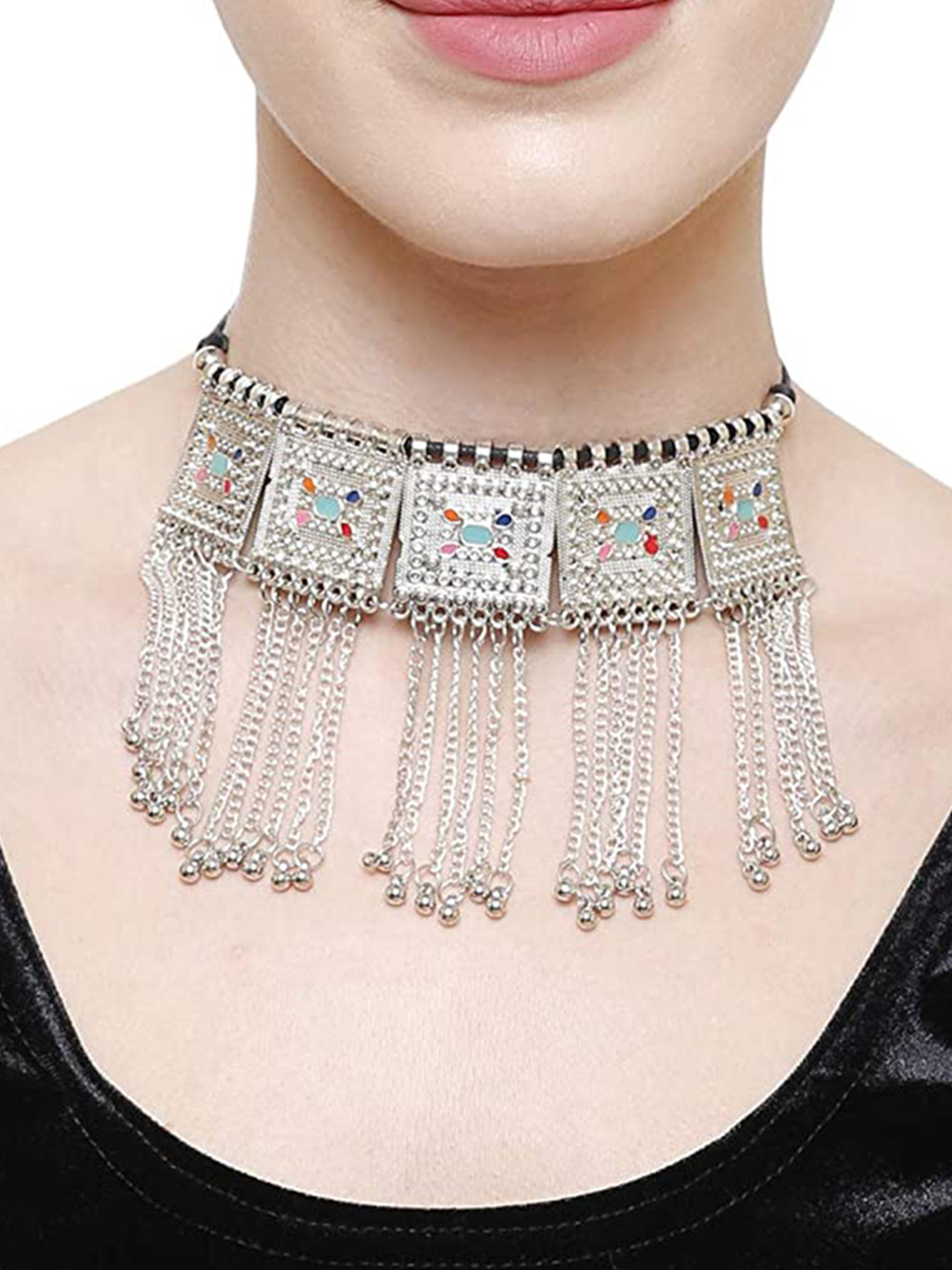 YouBella Jewellery Oxidised Silver-Plated Floral Stone-Studded Afghani Necklace