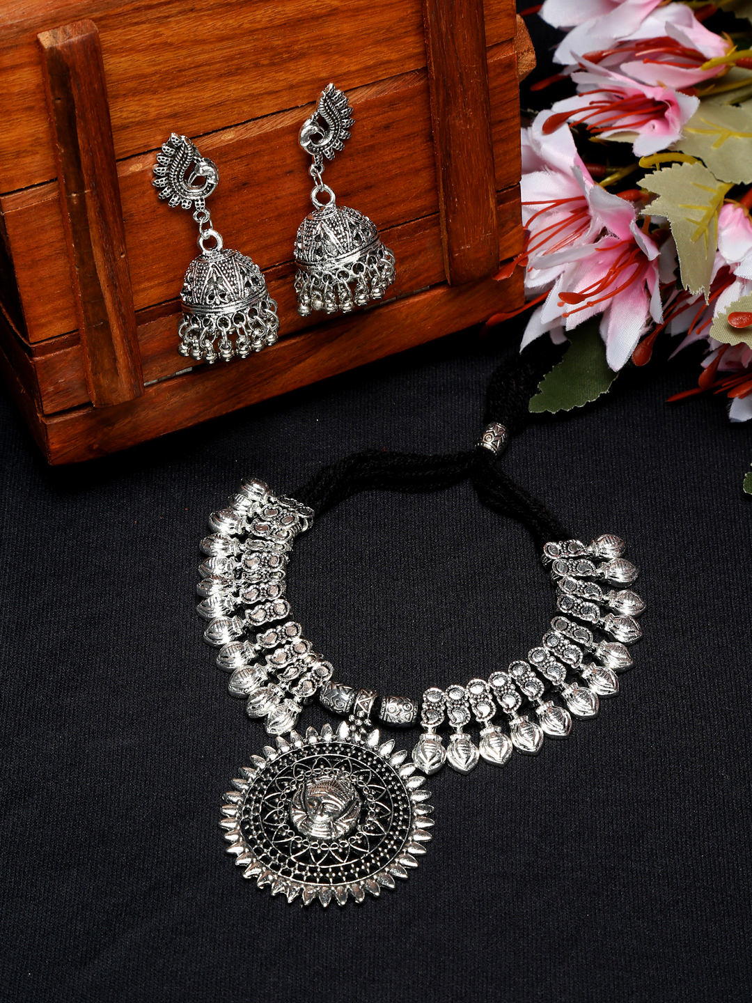 YouBella Stylish Latest Afghani Oxidised Jewellery Silver Plated Jewellery Set for Women (BLACK)(YBNK_5488)
