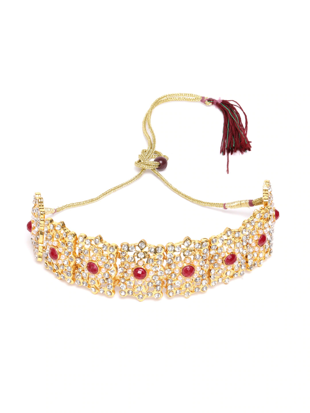 YouBella Red  Cream-Coloured Gold-Plated Stone Studded  Beaded Jewellery Set