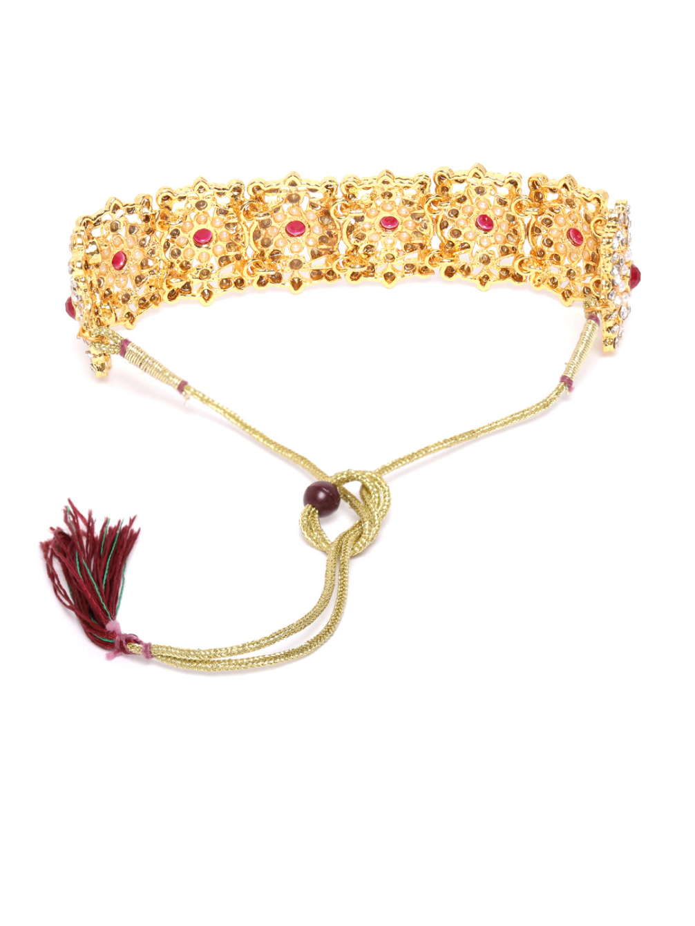 YouBella Red  Cream-Coloured Gold-Plated Stone Studded  Beaded Jewellery Set