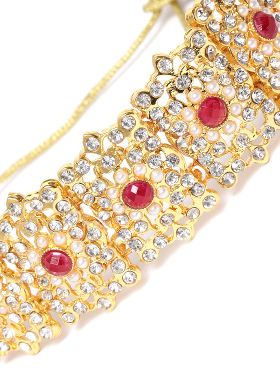 YouBella Red  Cream-Coloured Gold-Plated Stone Studded  Beaded Jewellery Set