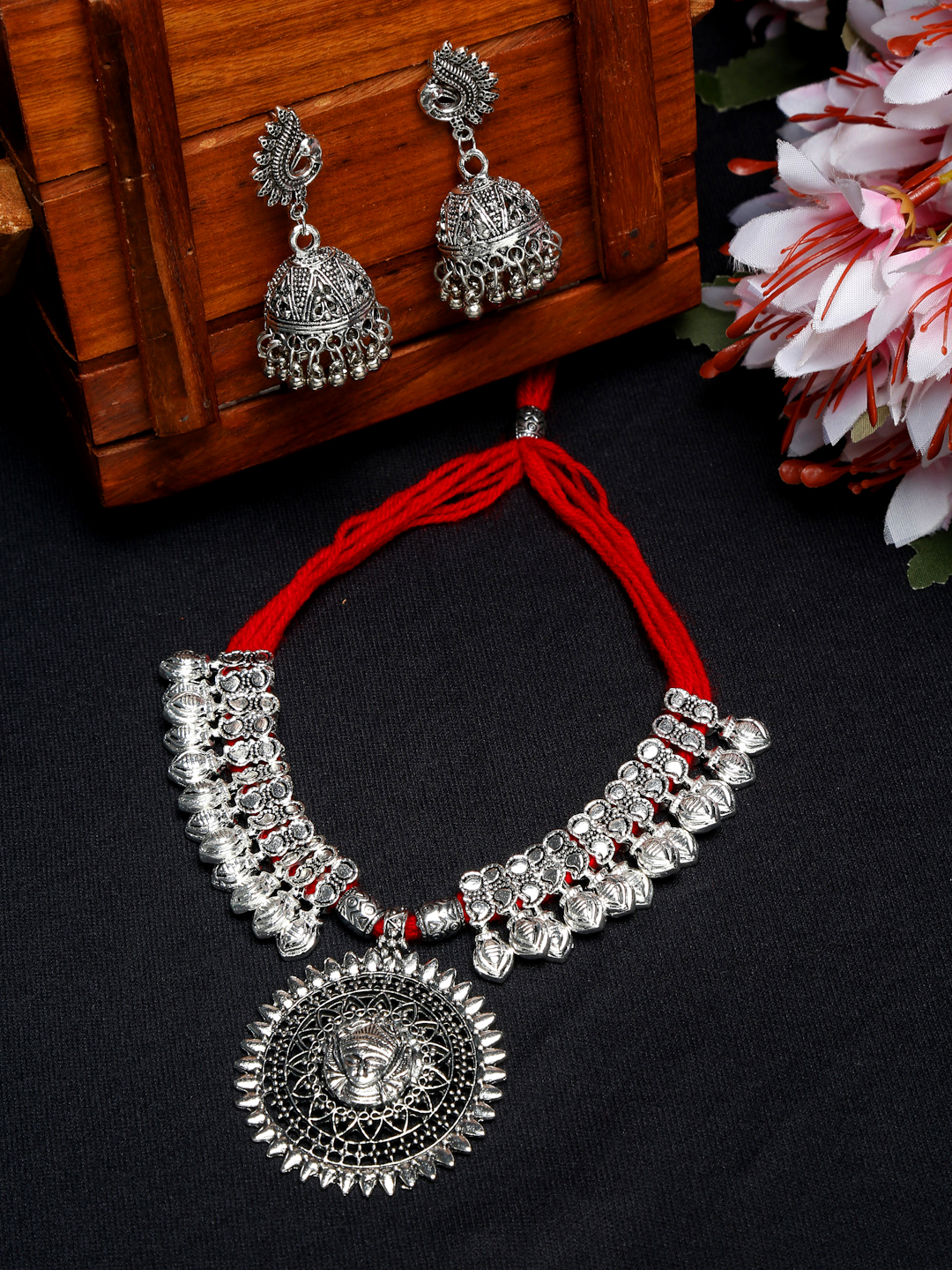 YouBella Stylish Latest Traditional Jewellery Silver Plated Jewellery Set for Women (RED)(YBNK_5498)