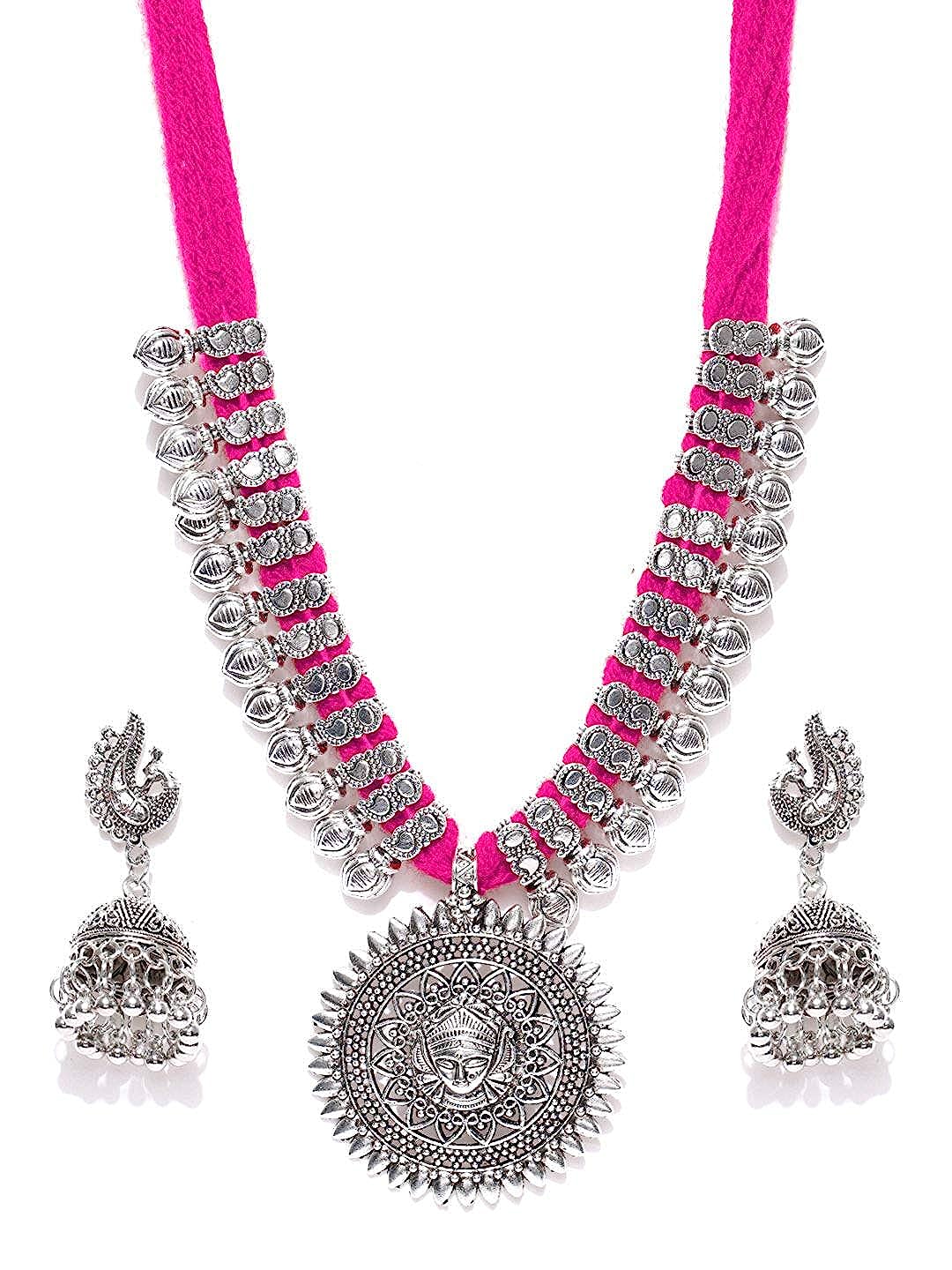 YouBella Stylish Latest Traditional Jewellery Silver Plated Jewellery Set for Women (PINK)(YBNK_5499)