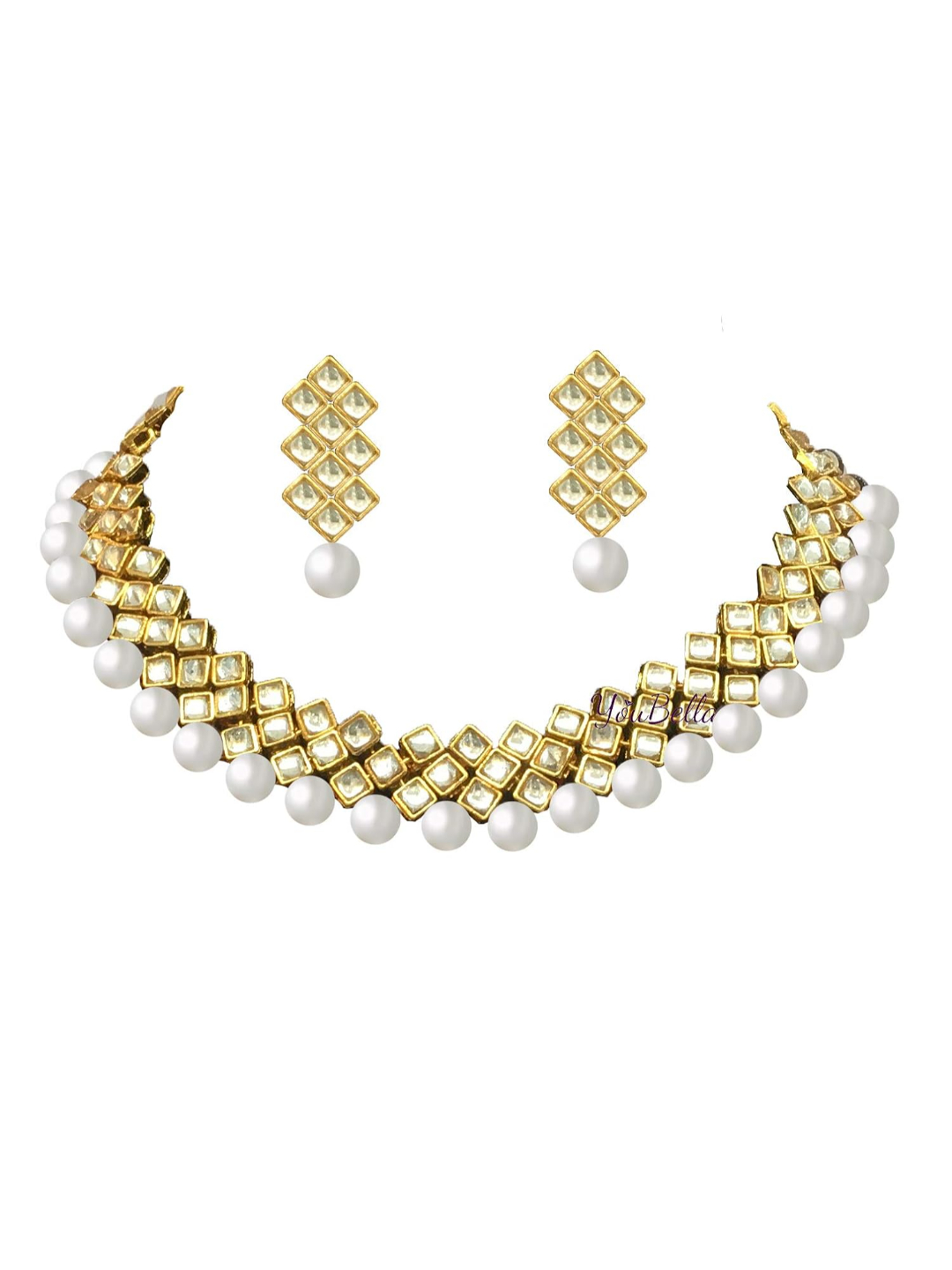 YouBella Jewellery Sets for Women Gold Plated Kundan Necklace Jewellery Set with Earrings for Girls/Wome (White)