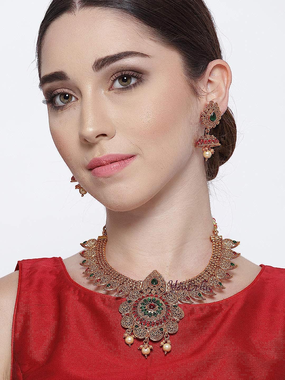 YouBella Stylish Latest Traditional Jewellery Gold Plated Jewellery Set for Women (Golden)(YBNK_5525)