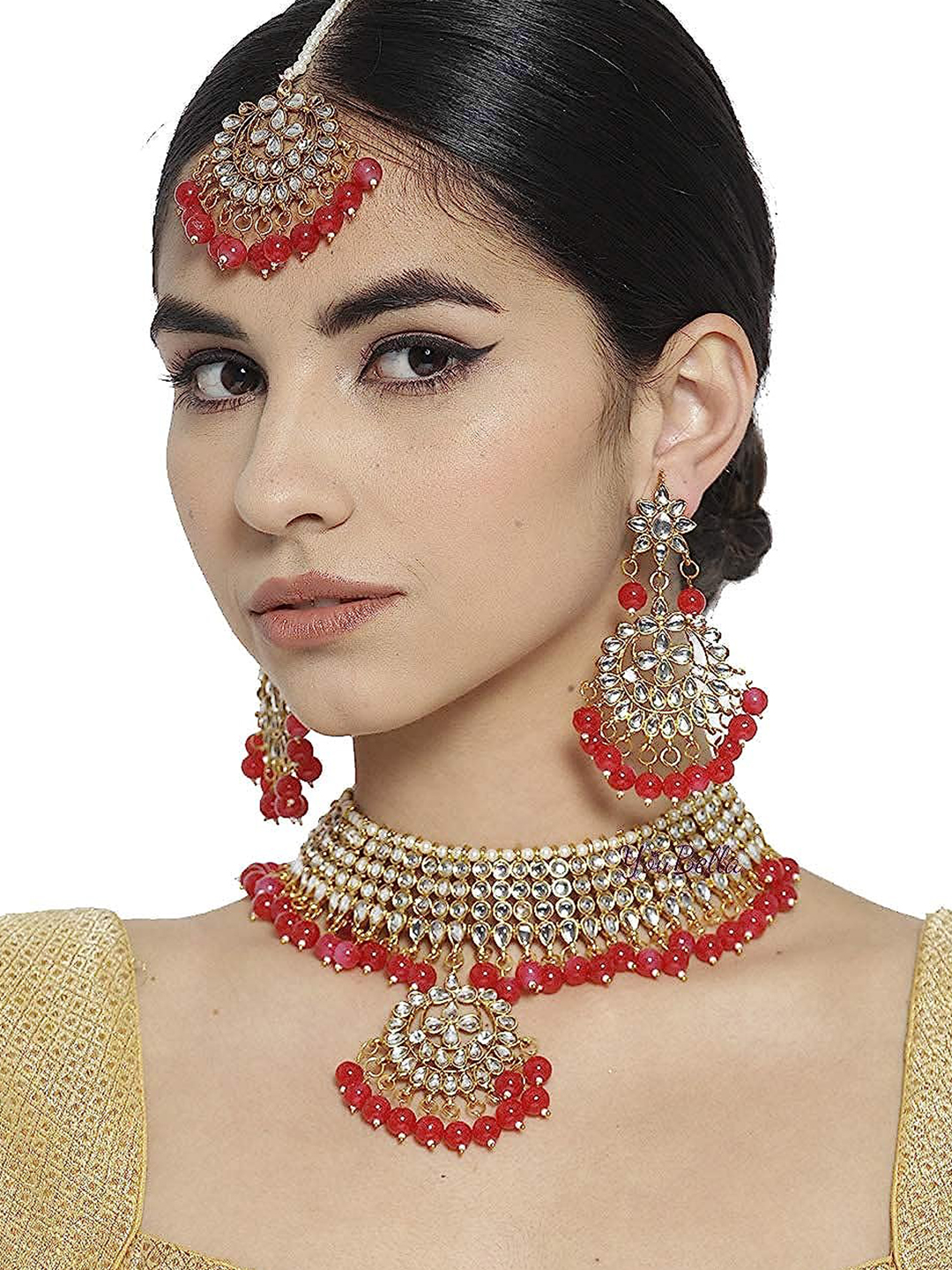 YouBella Jewellery Sets for Women Gold Plated Kundan Wedding Bridal Necklace Jewellery Set with Earrings for Girls/Women (Red)