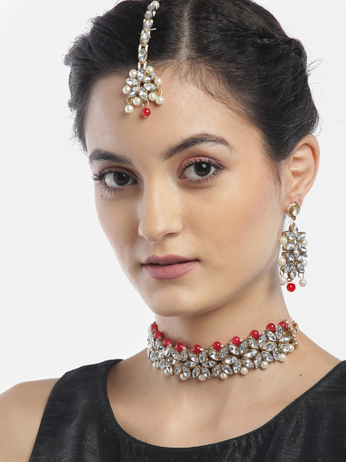YouBella Red  Off-White Gold-Plated Stone-Studded Beaded Jewellery Set
