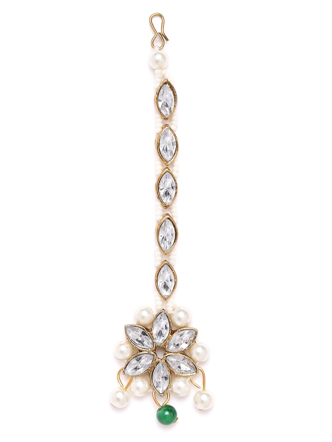 YouBella Green  White Gold-Plated Stone-Studded  Beaded Jewellery Set with Maang Tika