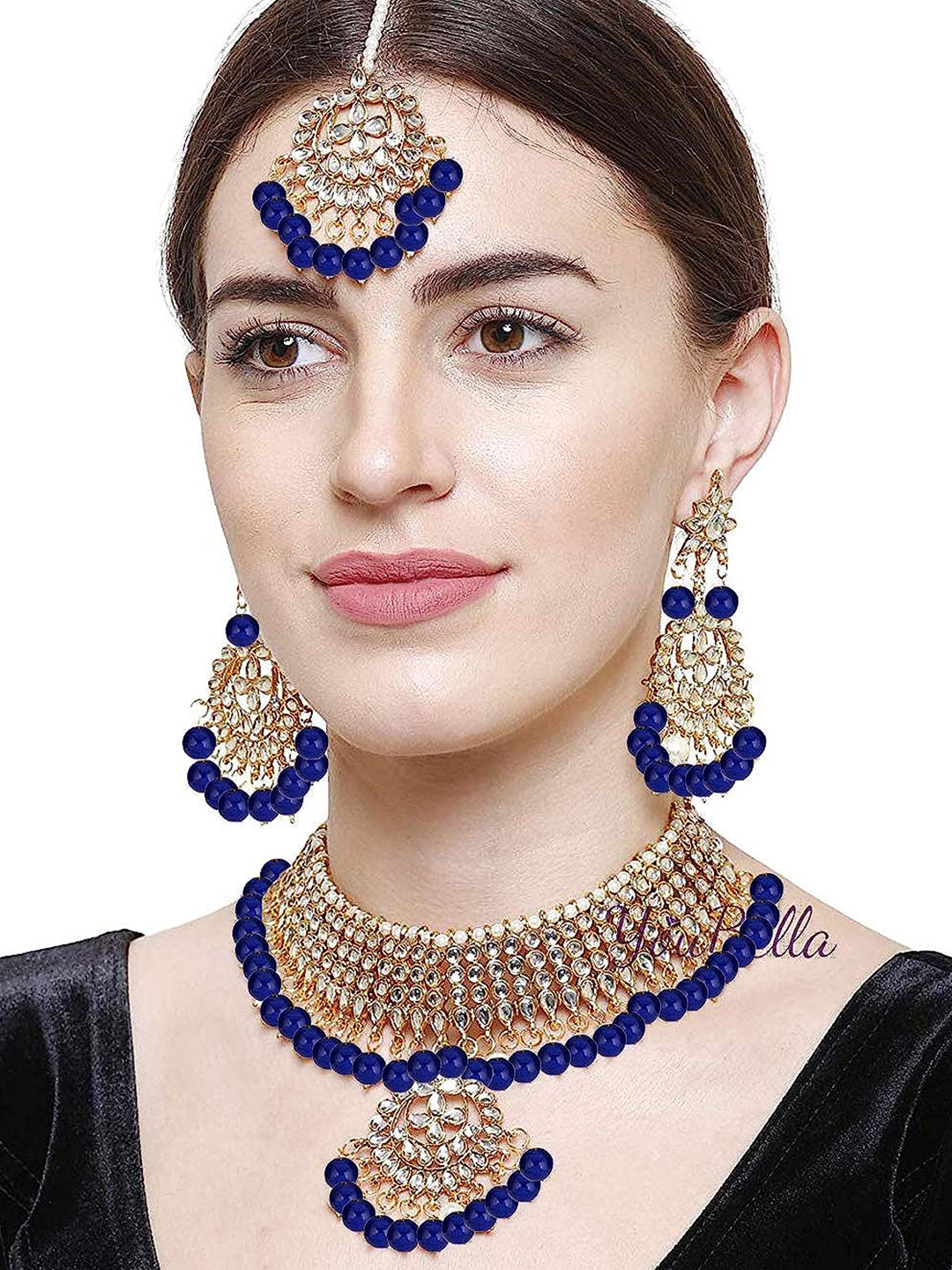 YouBella Jewellery Sets for Women Gold Plated Kundan Wedding Bridal Necklace Jewellery Set with Earrings for Girls/Women (Blue)