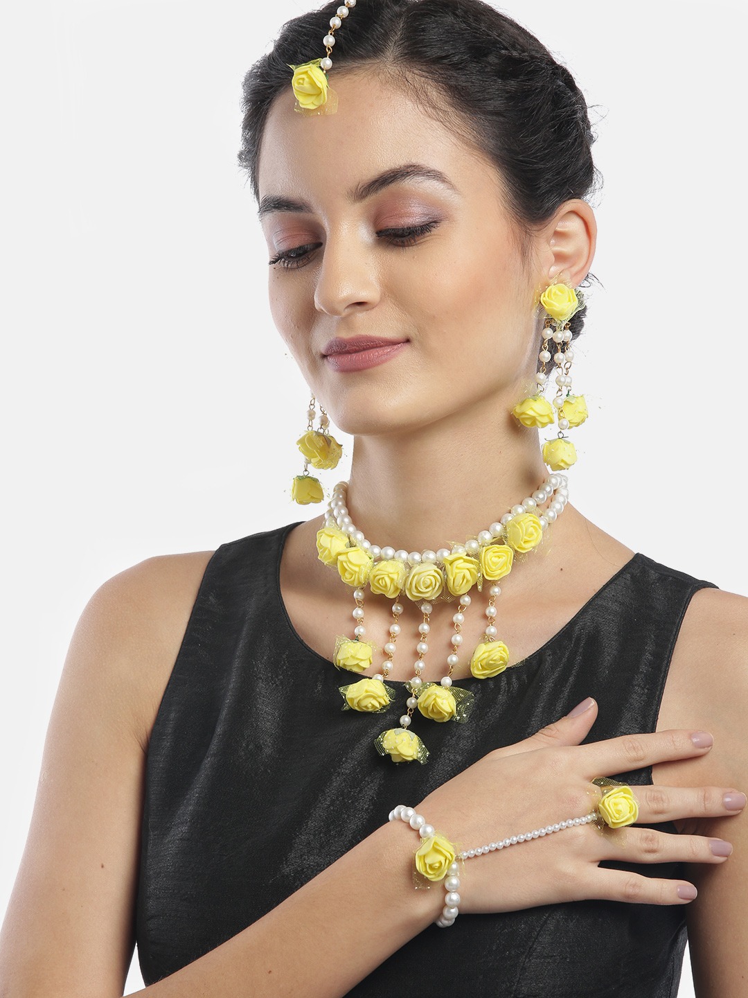 YouBella Stylish Latest Traditional Haldi Jewellery Pearl Jewellery Set for Women (Yellow)(YBNK_5542)