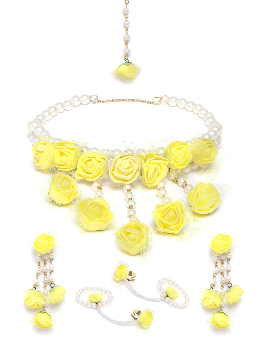 YouBella Yellow  White Beaded Floral Jewellery Set