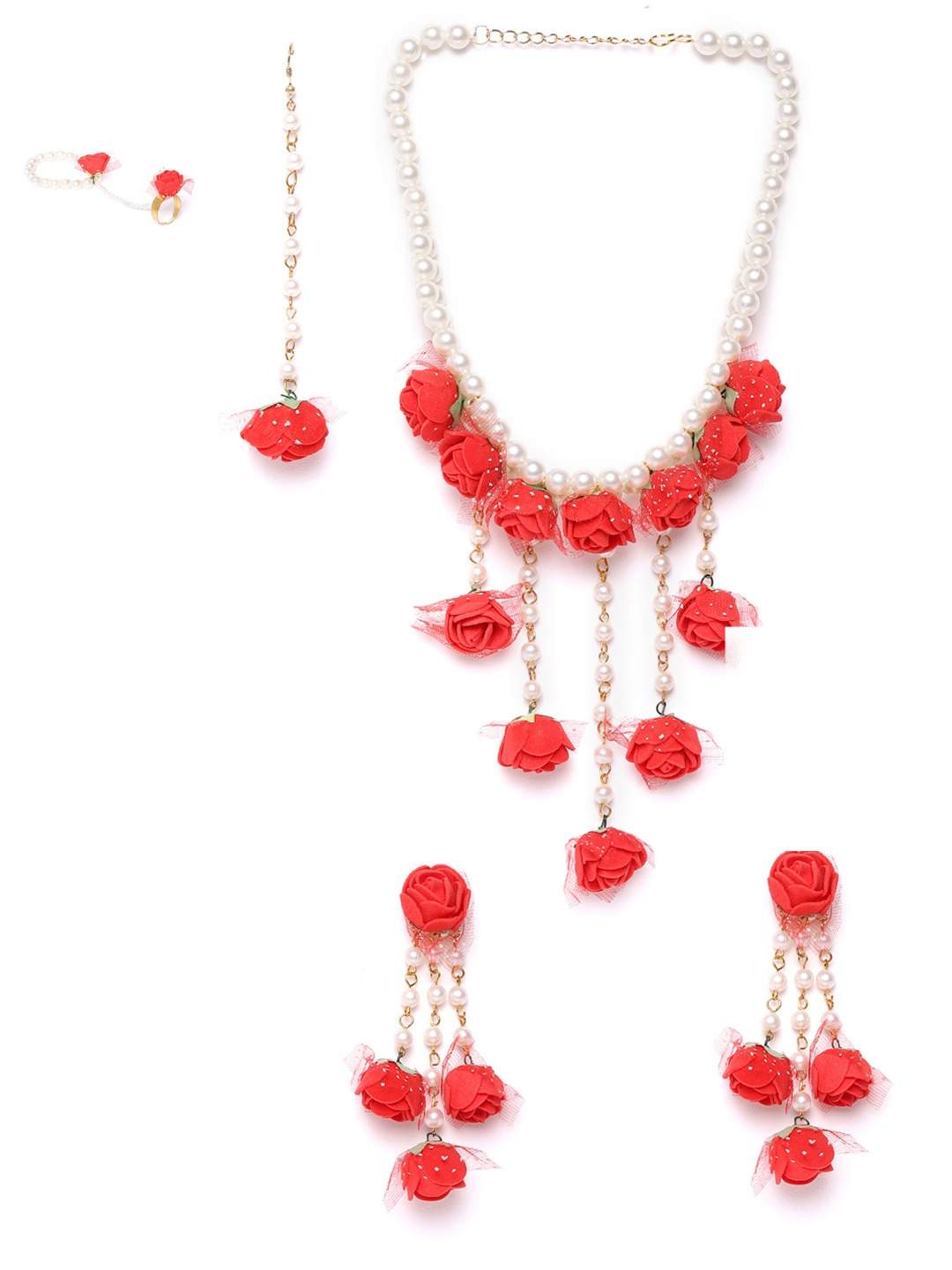 YouBella Women Red  White Beaded Floral Jewellery Set with Maang Tika  Ring Bracelet