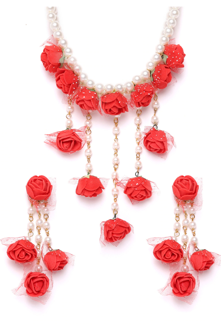 YouBella Women Red  White Beaded Floral Jewellery Set with Maang Tika  Ring Bracelet