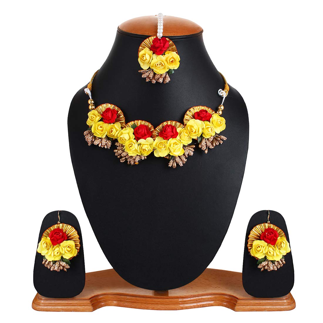 YouBella Jewellery Set for Women Floret Gota Patti Necklace, Earrings & Maang Tika for Women & Girls (Mehandi/Haldi)