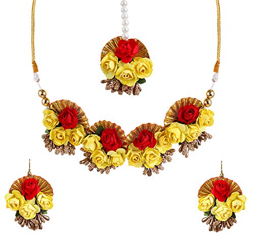 YouBella Jewellery Set for Women Floret Gota Patti Necklace, Earrings & Maang Tika for Women & Girls (Mehandi/Haldi)