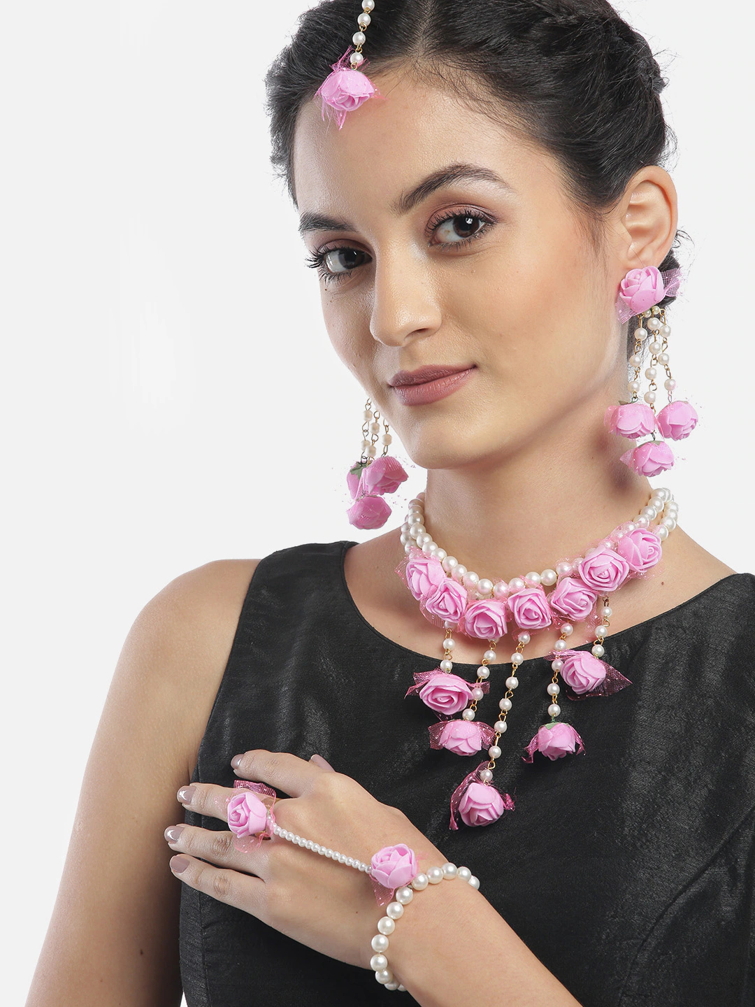 YouBella Latest Design Stylish Party Wear Traditional Floral Jewellery For Haldi/mehendi  Jewellery Set for Women (Pink) (YBNK_5555)
