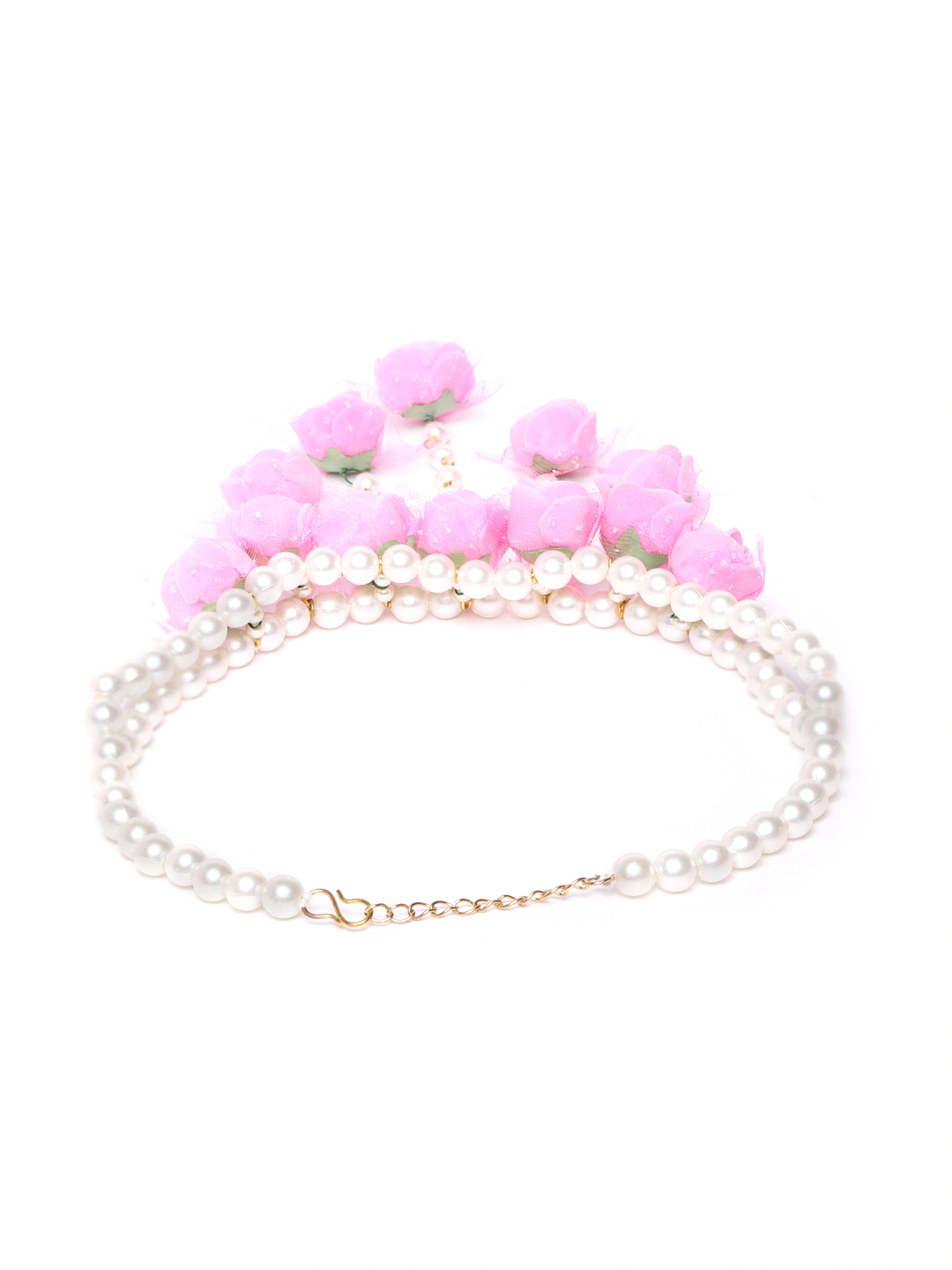 YouBella Pink  White Beaded Floral Jewellery Set with Maang Tika  Ring Bracelet