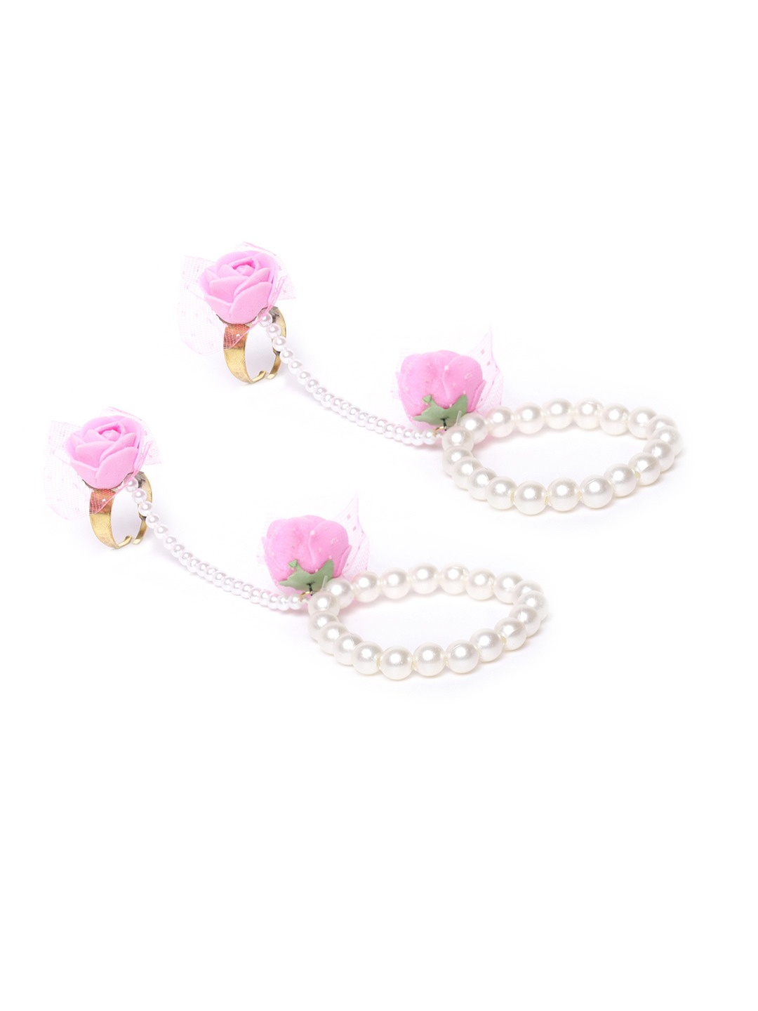 YouBella Pink  White Beaded Floral Jewellery Set with Maang Tika  Ring Bracelet