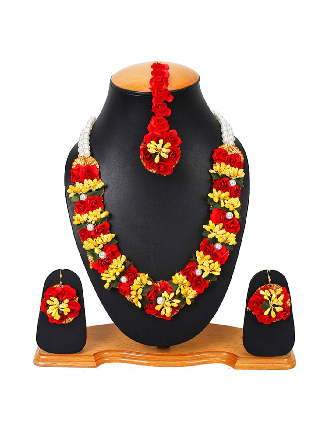 YouBella Jewellery Set for Women Floret Gota Patti Necklace, Earrings & Maang Tika for Women & Girls (Mehandi/Haldi) (Red) (Red)