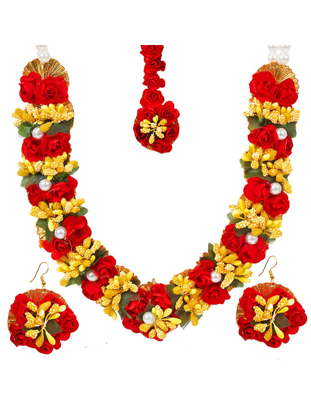 YouBella Jewellery Set for Women Floret Gota Patti Necklace, Earrings & Maang Tika for Women & Girls (Mehandi/Haldi) (Red) (Red)