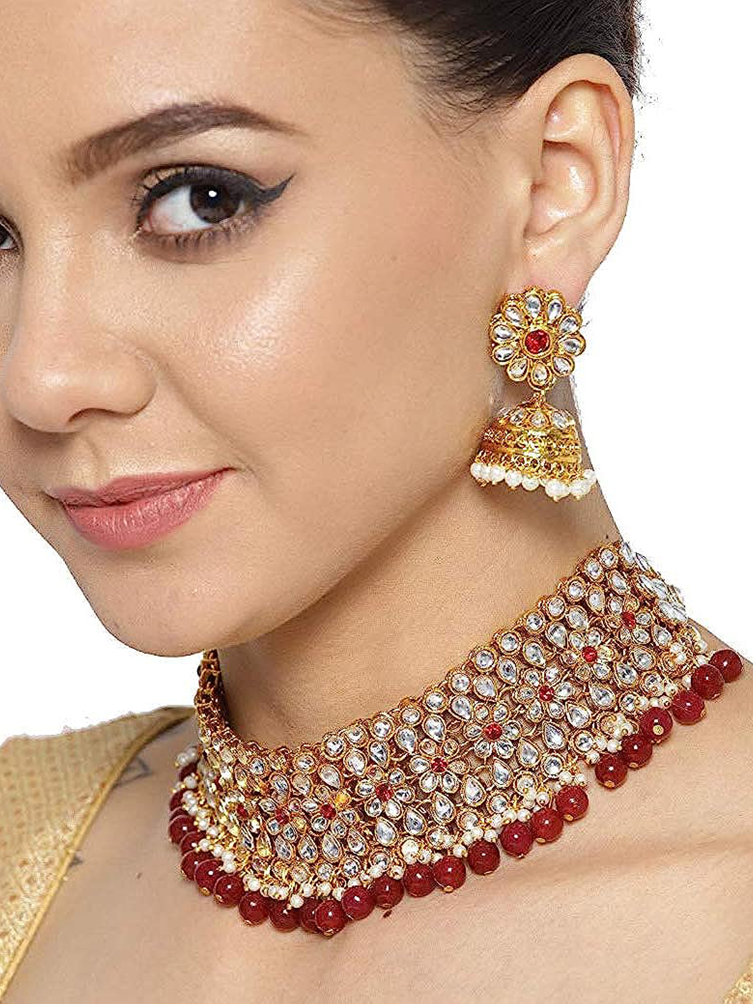 YouBella Latest Traditional Stylish Jewellery Gold Plated Jewellery Set for Women (Red) (YBNK_5602)