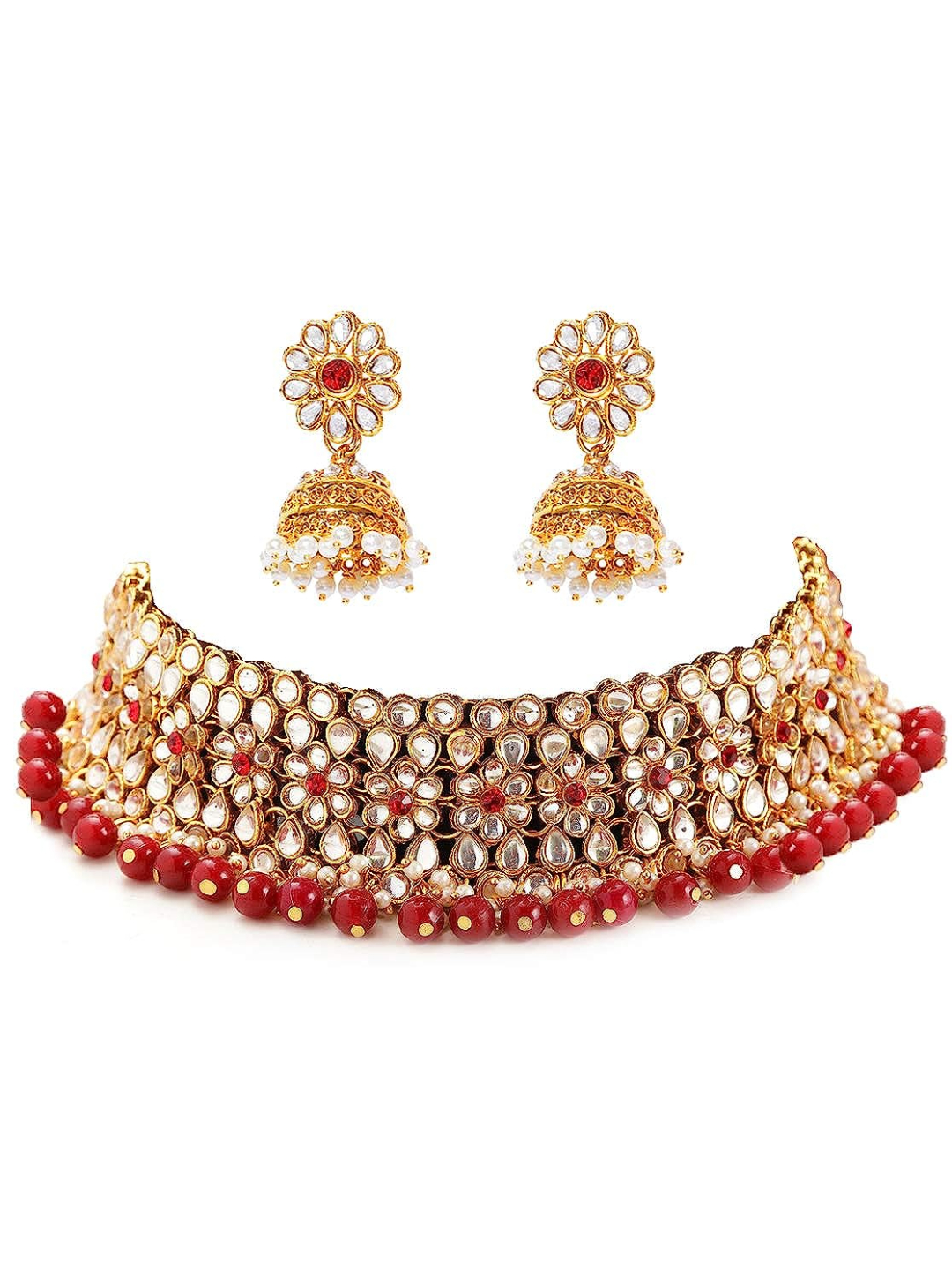 YouBella Latest Traditional Stylish Jewellery Gold Plated Jewellery Set for Women (Red) (YBNK_5602)