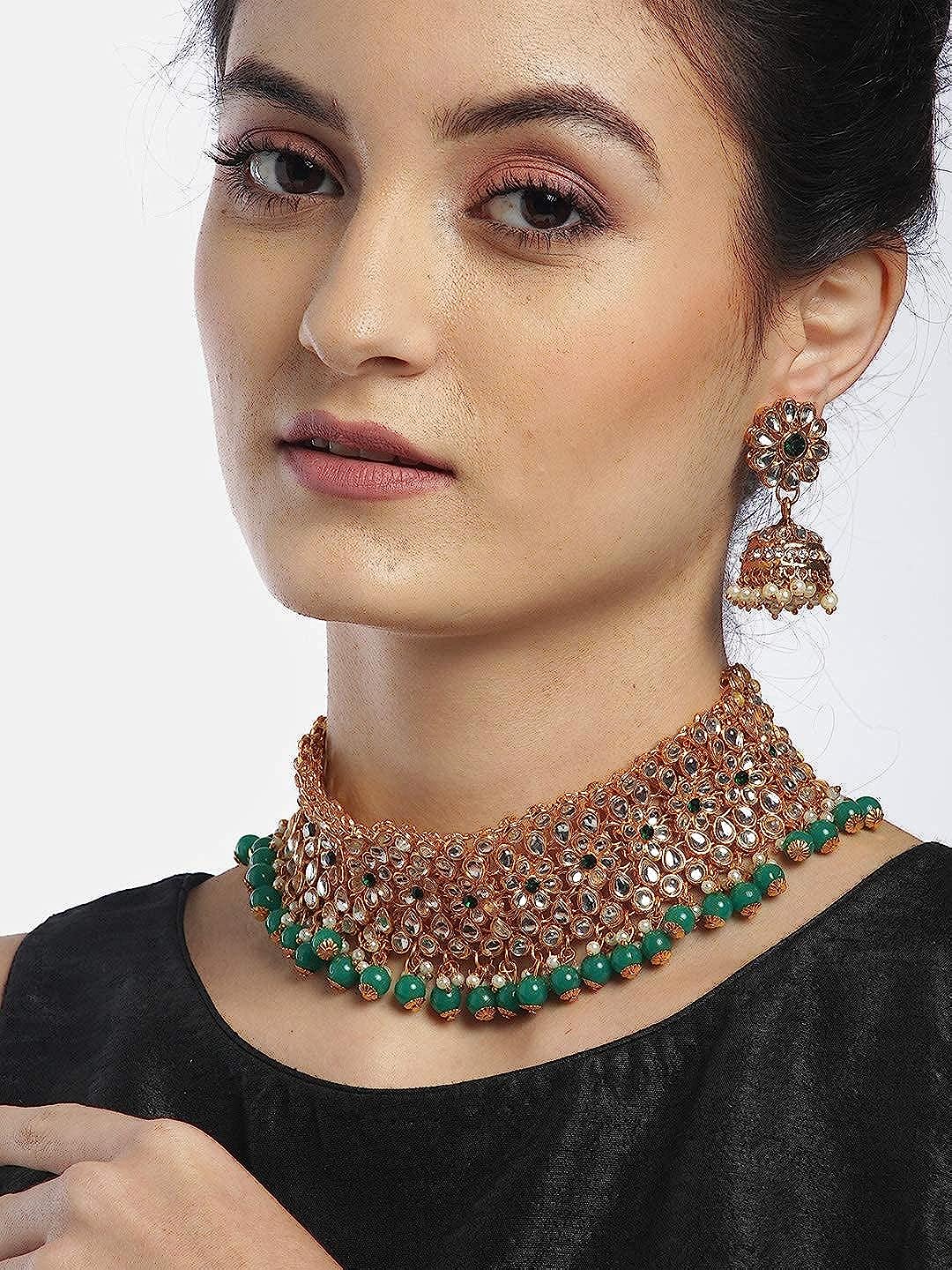 YouBella Jewellery Sets for Women Gold Plated Kundan Wedding Bridal Necklace Jewellery Set with Earrings for Girls/Women (Green)