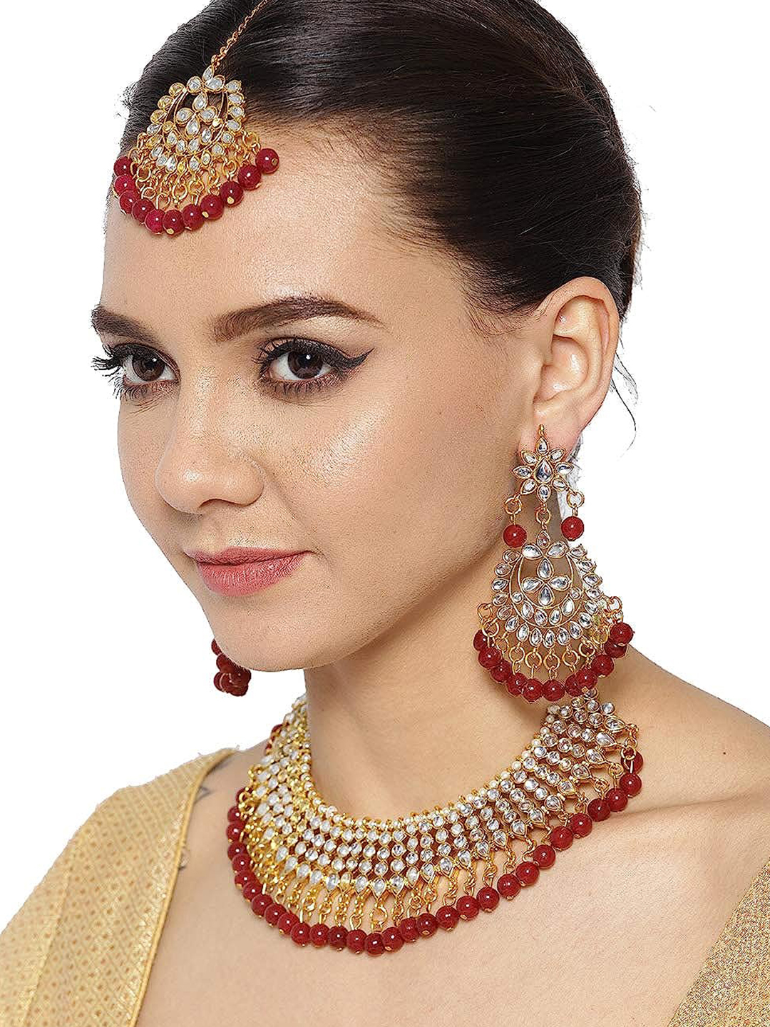YouBella Women FashionsGold-Plated & Maroon Stone-Studded Jewellery Set With Maang Tikka