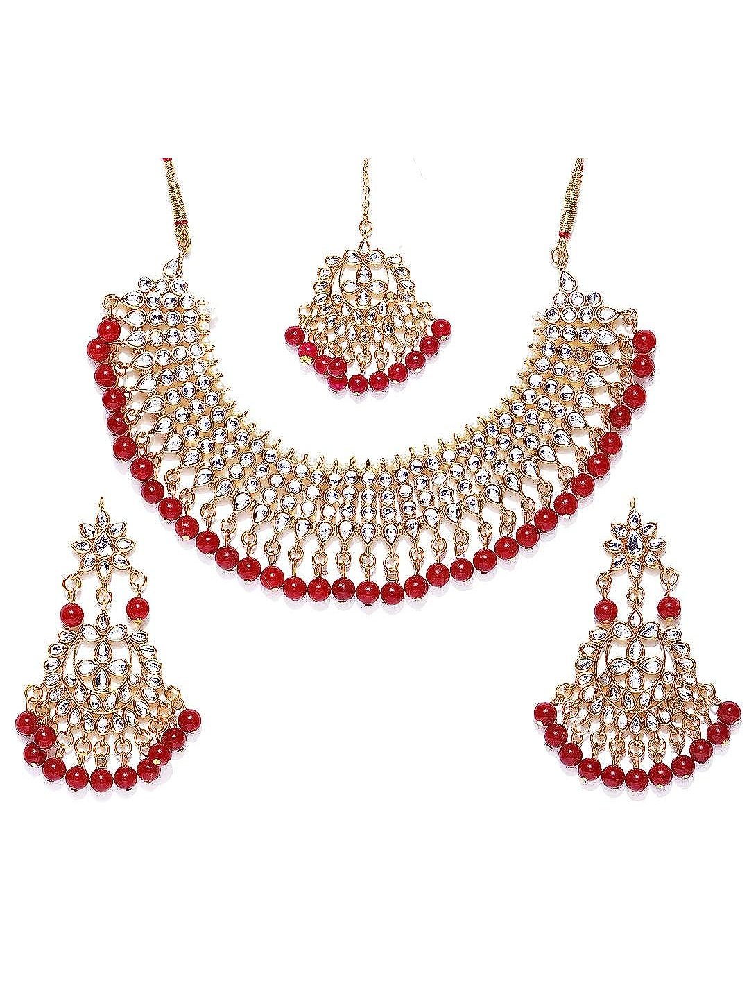YouBella Women FashionsGold-Plated & Maroon Stone-Studded Jewellery Set With Maang Tikka