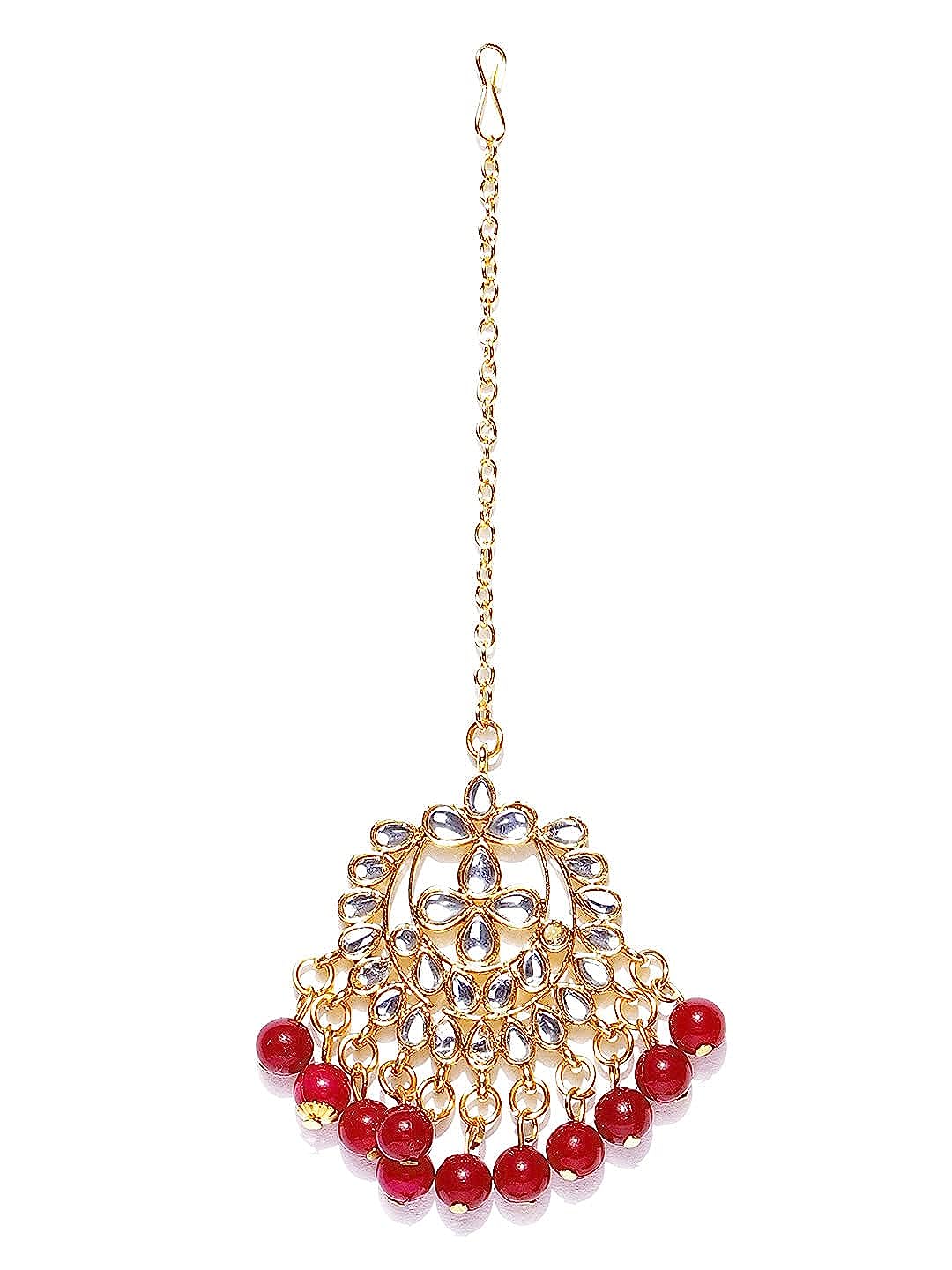 YouBella Women FashionsGold-Plated & Maroon Stone-Studded Jewellery Set With Maang Tikka