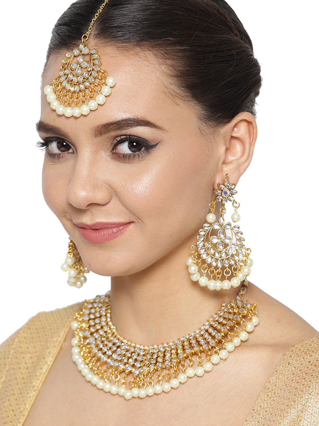 YouBella Women FashionsGold-Plated White Stone-Studded & Pearl Beaded Jewellery Set