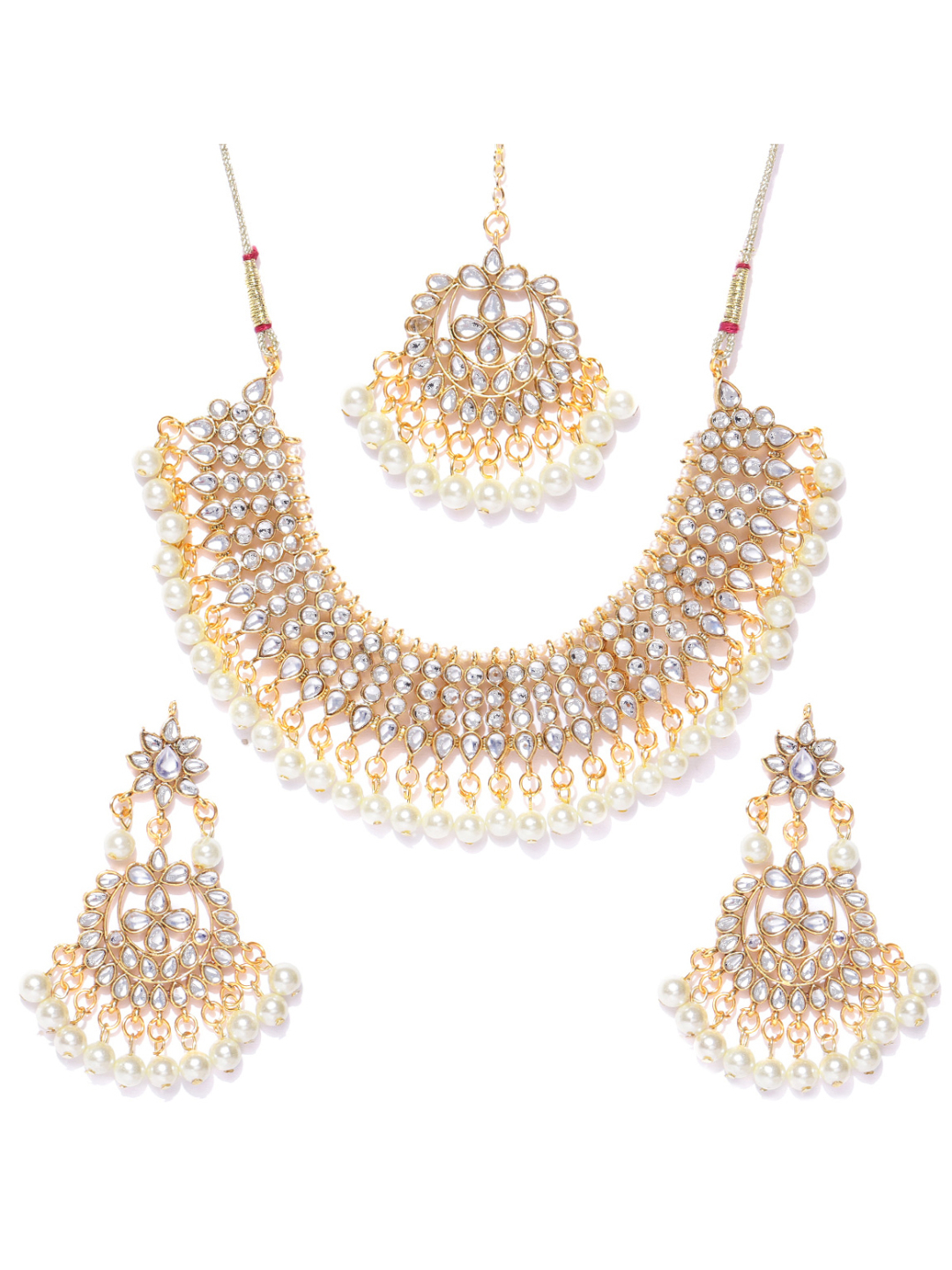 YouBella Women FashionsGold-Plated White Stone-Studded & Pearl Beaded Jewellery Set