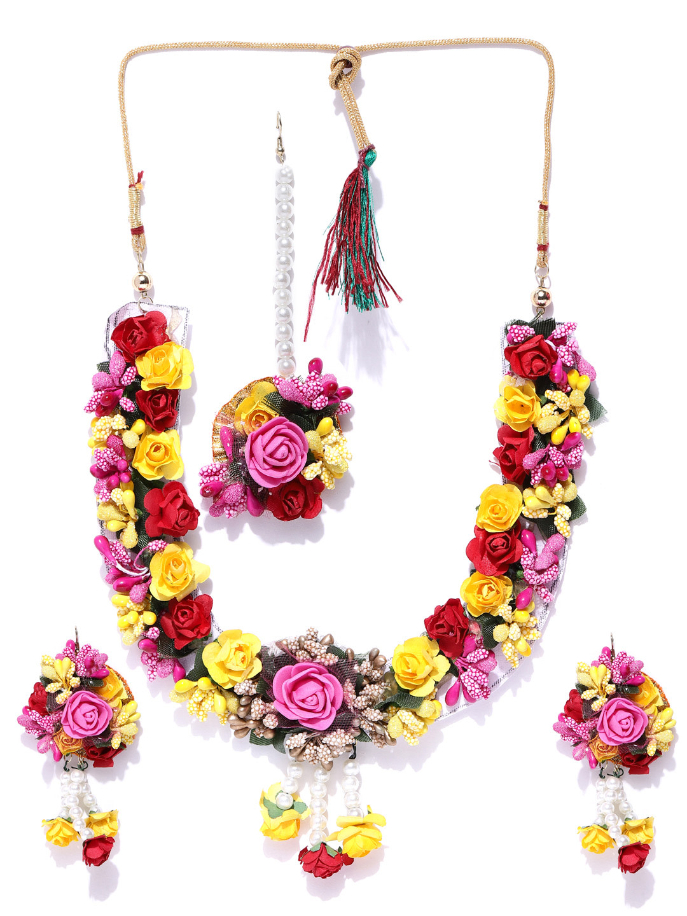 YouBella Women Yellow  Pink Beaded Floral Jewellery Set