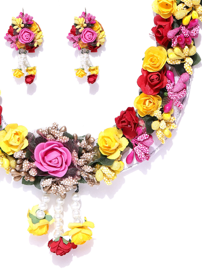 YouBella Women Yellow  Pink Beaded Floral Jewellery Set