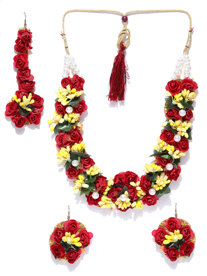 YouBella Women Yellow  Off-White Beaded Floral Jewellery Set
