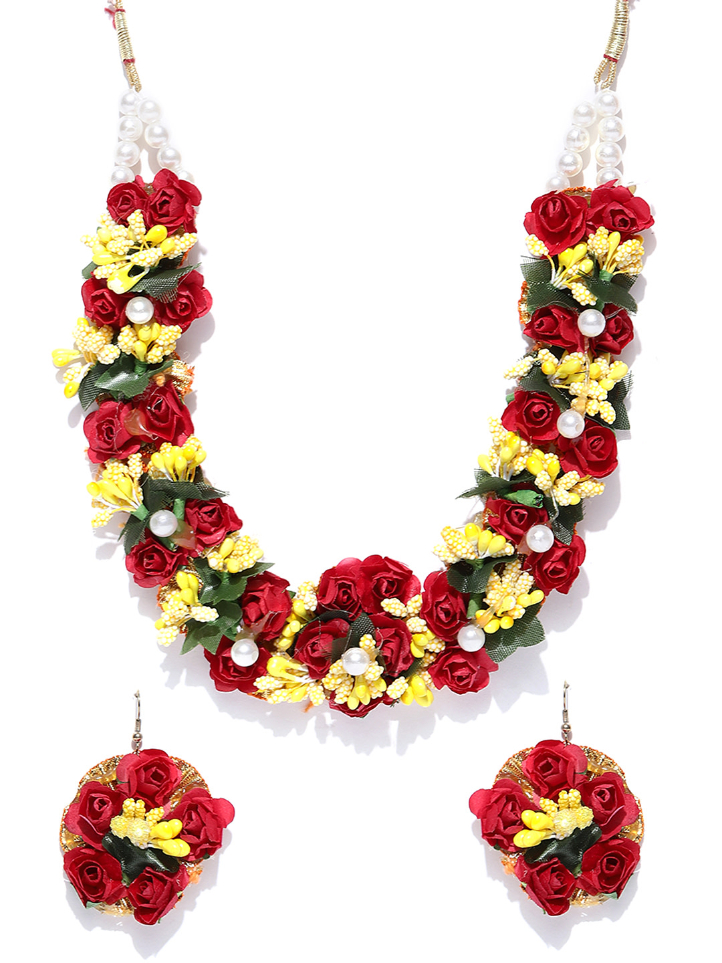 YouBella Women Yellow  Off-White Beaded Floral Jewellery Set