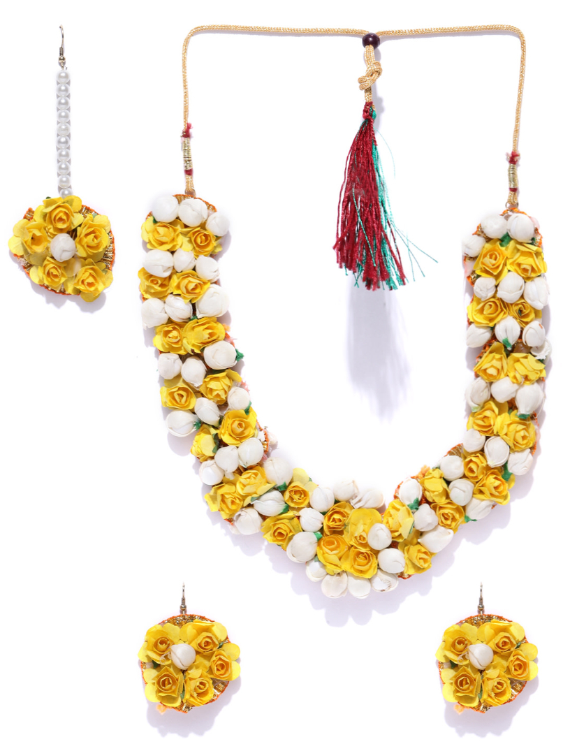 YouBella Women Yellow  Off-White Beaded Floral Jewellery Set