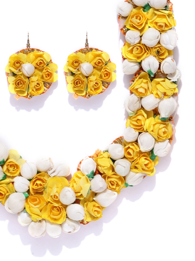 YouBella Women Yellow  Off-White Beaded Floral Jewellery Set