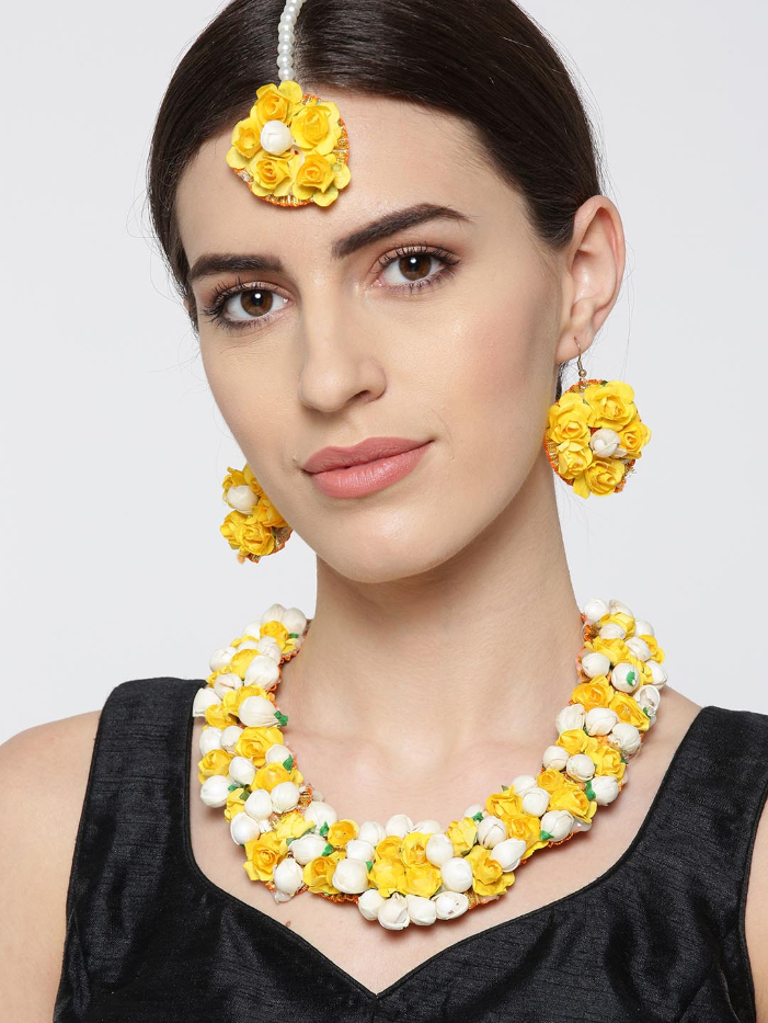 YouBella Women Yellow  Off-White Beaded Floral Jewellery Set
