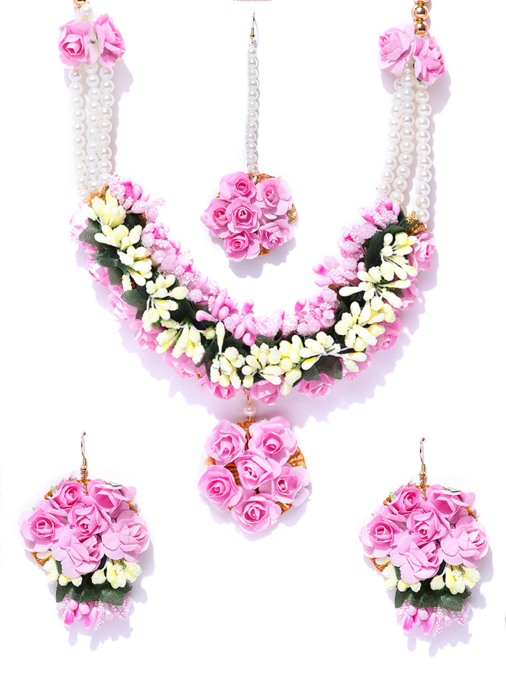 YouBella Women Pink  Off-White Beaded Floral Jewellery Set