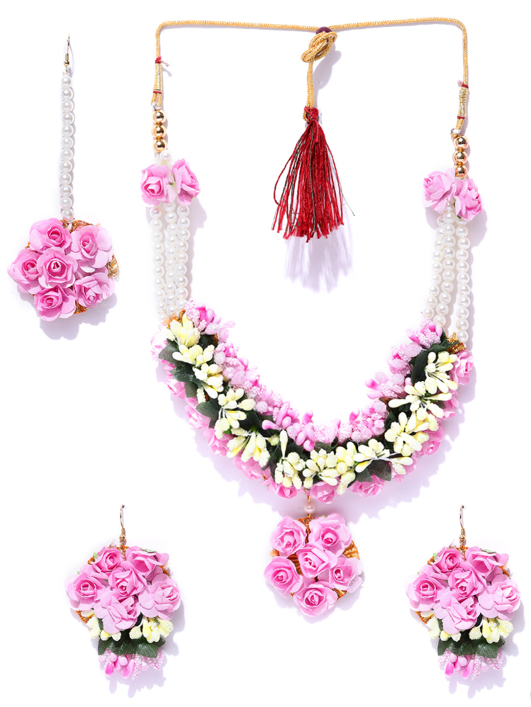 YouBella Women Pink  Off-White Beaded Floral Jewellery Set