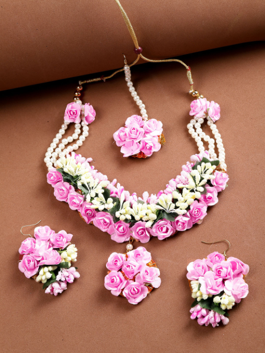 YouBella Women Pink  Off-White Beaded Floral Jewellery Set
