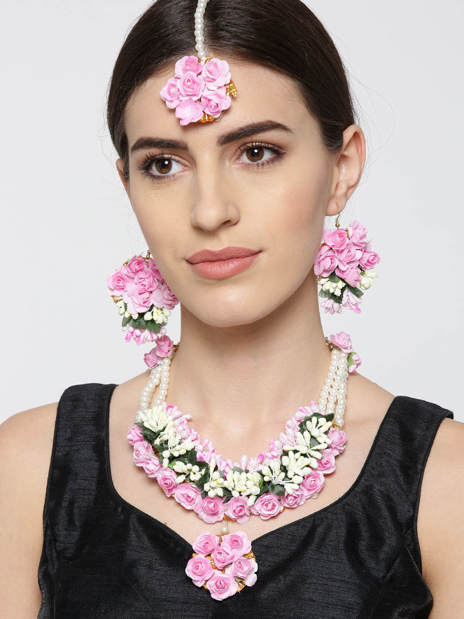 YouBella Women Pink  Off-White Beaded Floral Jewellery Set