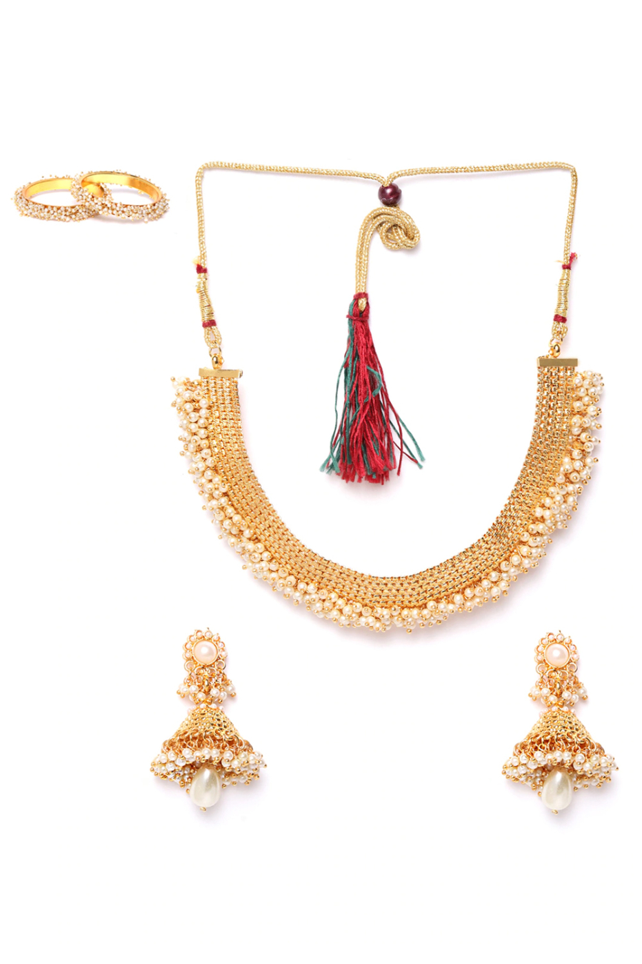 YouBella Off-White Gold-Plated Beaded Jewellery Set with Bangles
