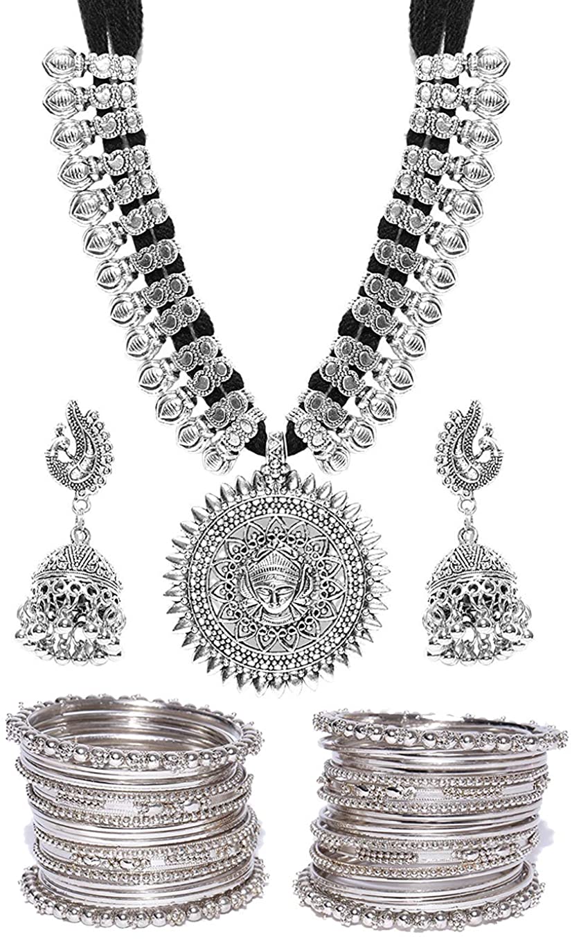 YouBella Stylish Latest Design Afghani Jewellery Combo Silver Plated Jewellery Set for Women (Silver) (YBNK_5635_2.6)