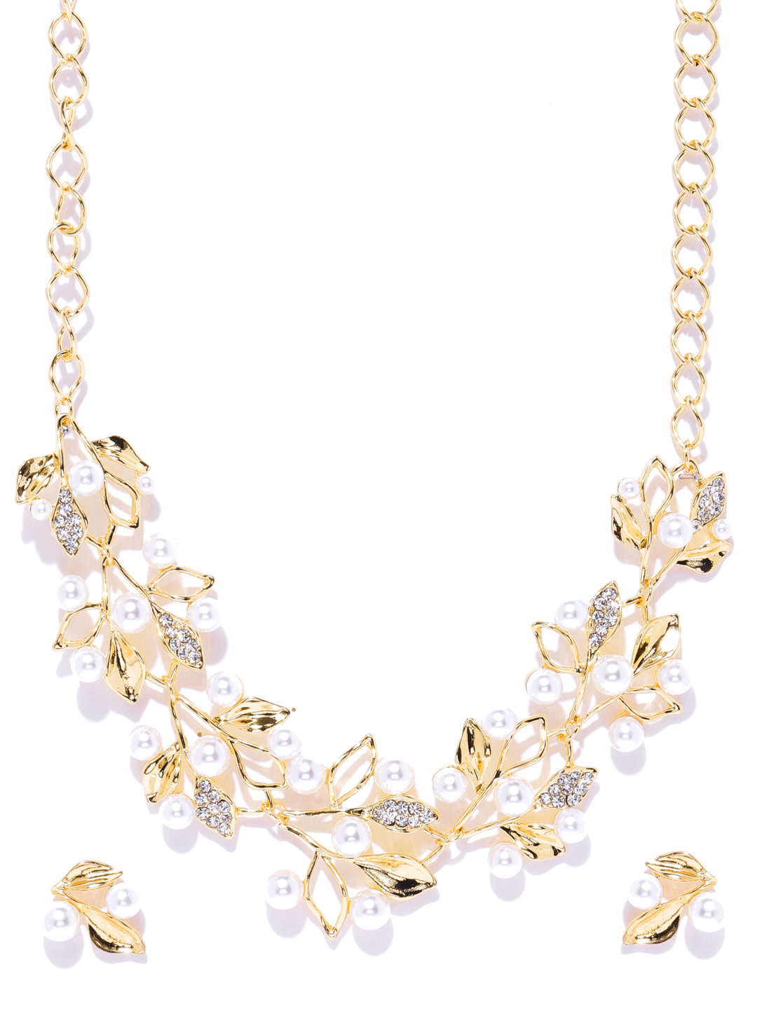 YouBella Off-White Gold-Plated Stone-Studded  Beaded Floral Jewellery Set