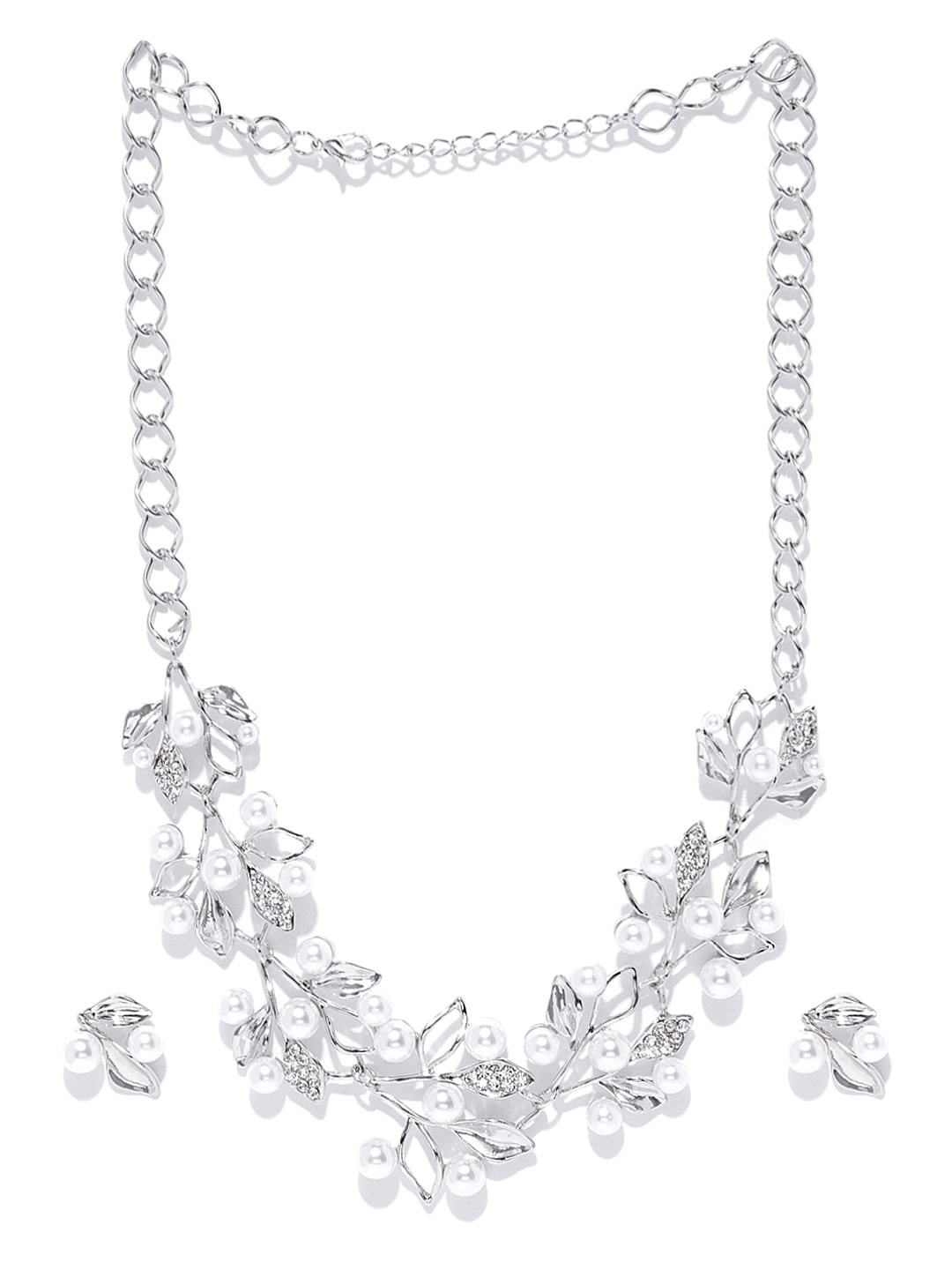 YouBella Off White Silver-Plated Stone-Studded  Beaded Floral Jewellery Set
