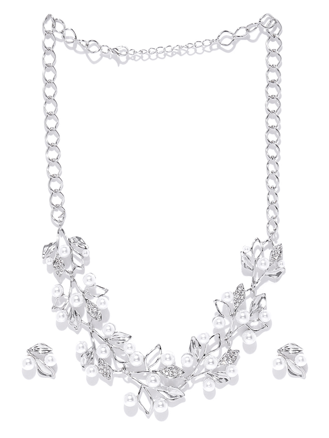 YouBella Off White Silver-Plated Stone-Studded  Beaded Floral Jewellery Set